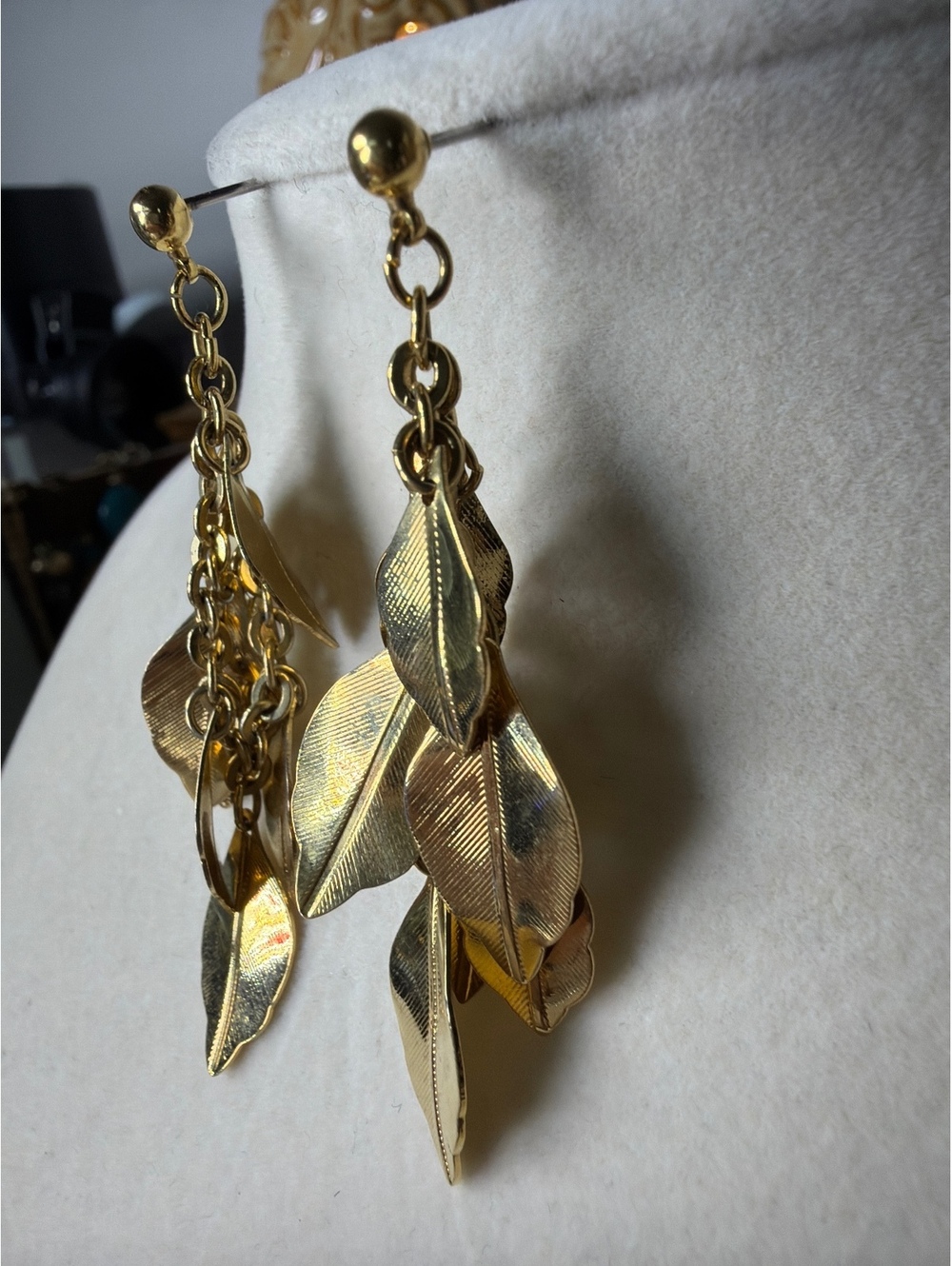 Gold Tone Three Tone Leaf Dangle Earrings - Picture 3 of 3